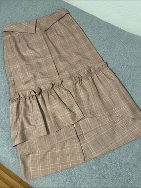 Bellenista Midi Plaid Skirt Large Ruffle Office Career Preppy Academia Kawaii